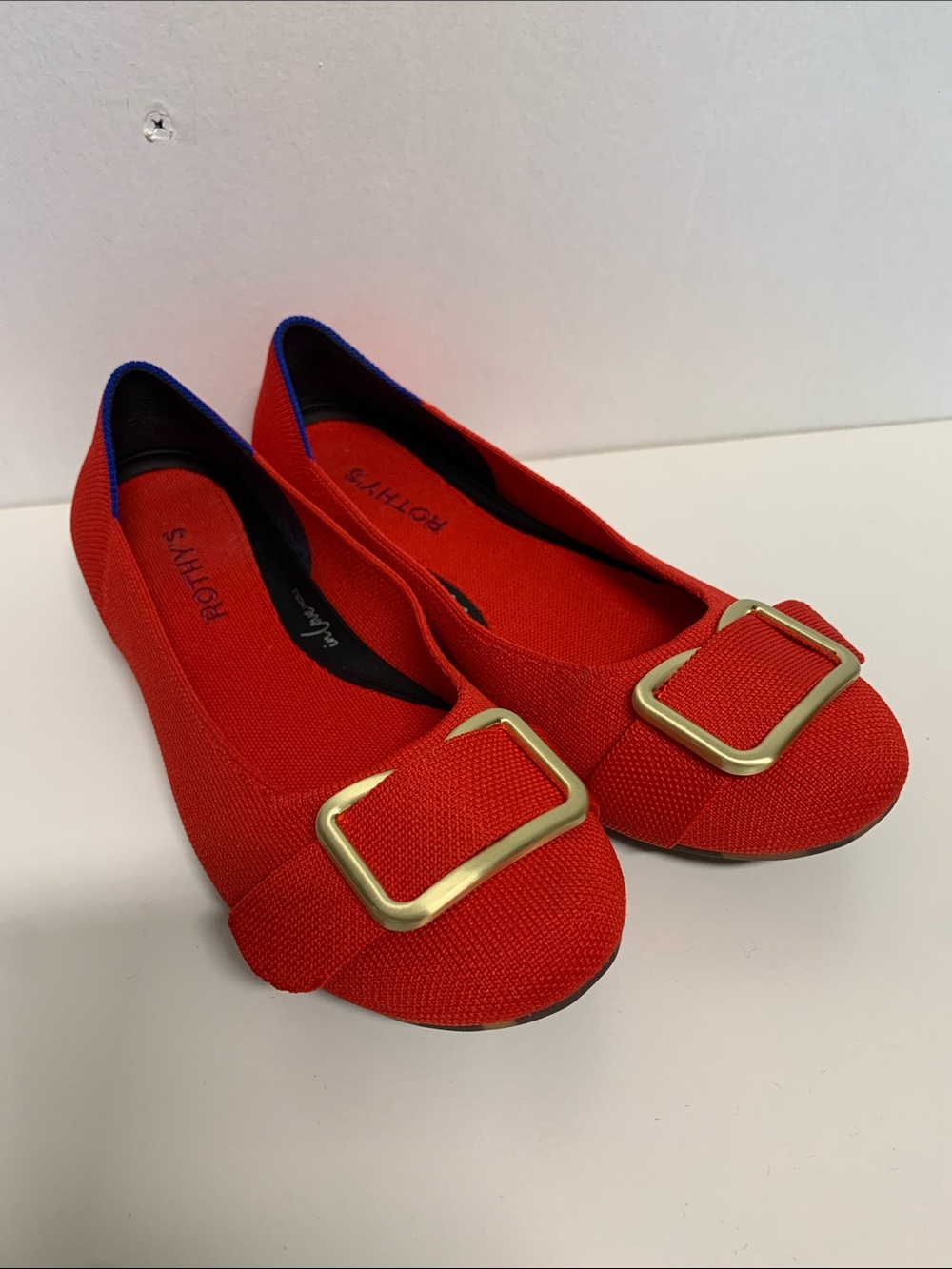 Rothy's Red Flats with Gold Buckle Accent